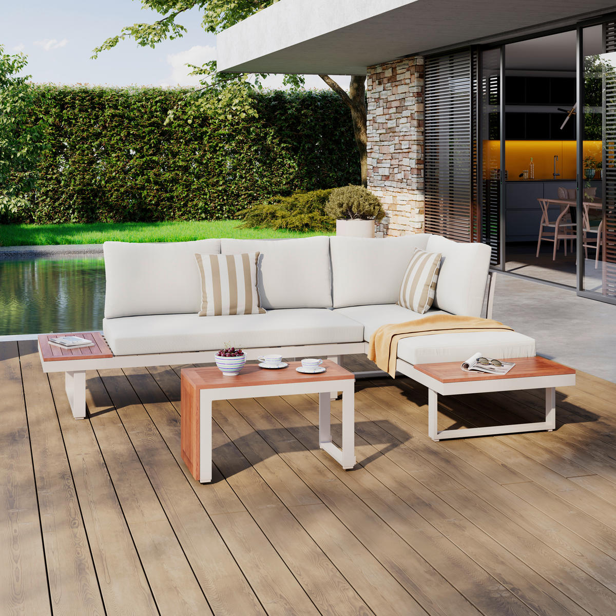 LOUNGEGARNITUR 3-teilig  253/253 cm  Akazie massiv Aluminium  - Beige/Akaziefarben, Design, Holz/Textil (253/253cm) - Amatio