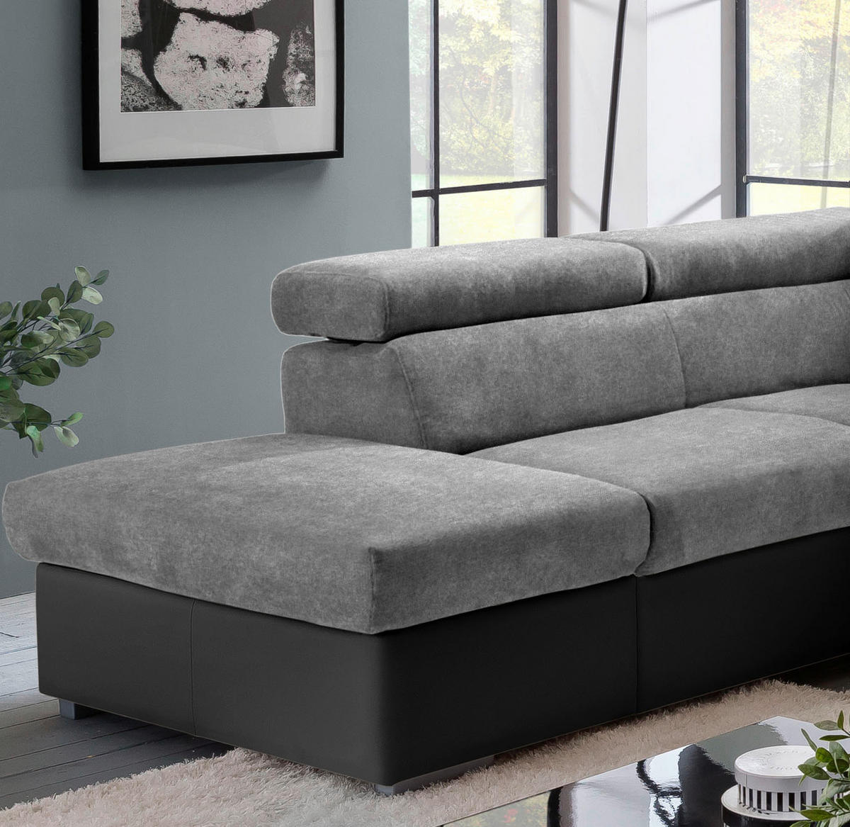 ECKSOFA Grau, Schwarz Lederlook, Flachgewebe  - Schwarz/Grau, Basics, Holz/Textil (217/252cm) - MID.YOU