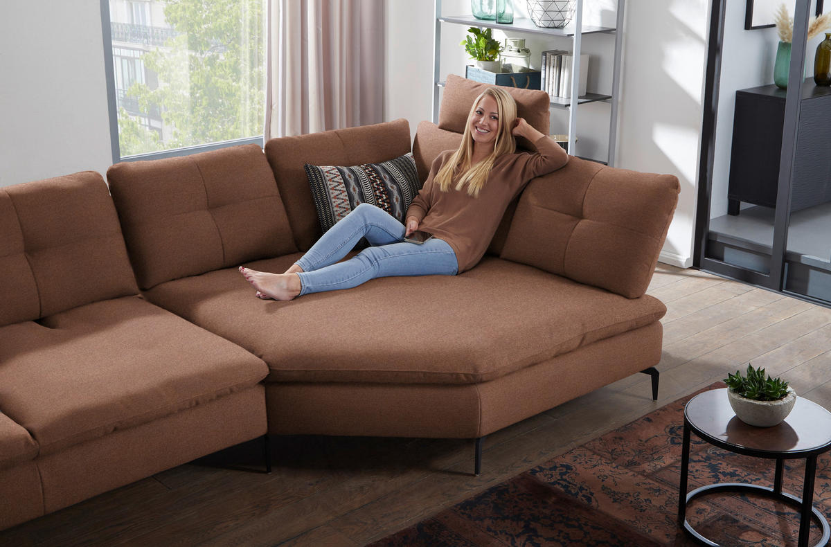 ECKSOFA in Flachgewebe Braun  - Schwarz/Braun, Design, Textil/Metall (344/157cm) - Chilliano