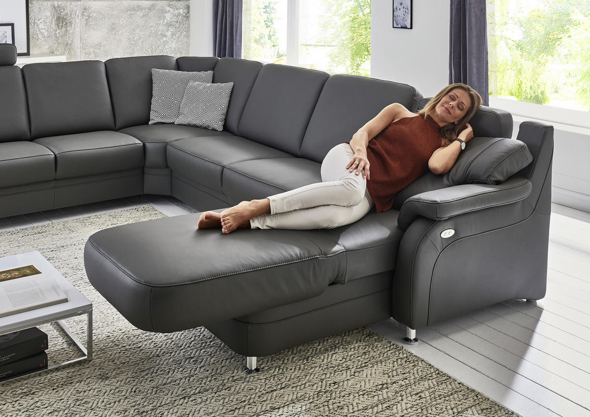WOHNLANDSCHAFT in Echtleder Anthrazit  - Anthrazit/Alufarben, Konventionell, Leder/Metall (239/329/165cm) - Beldomo Premium