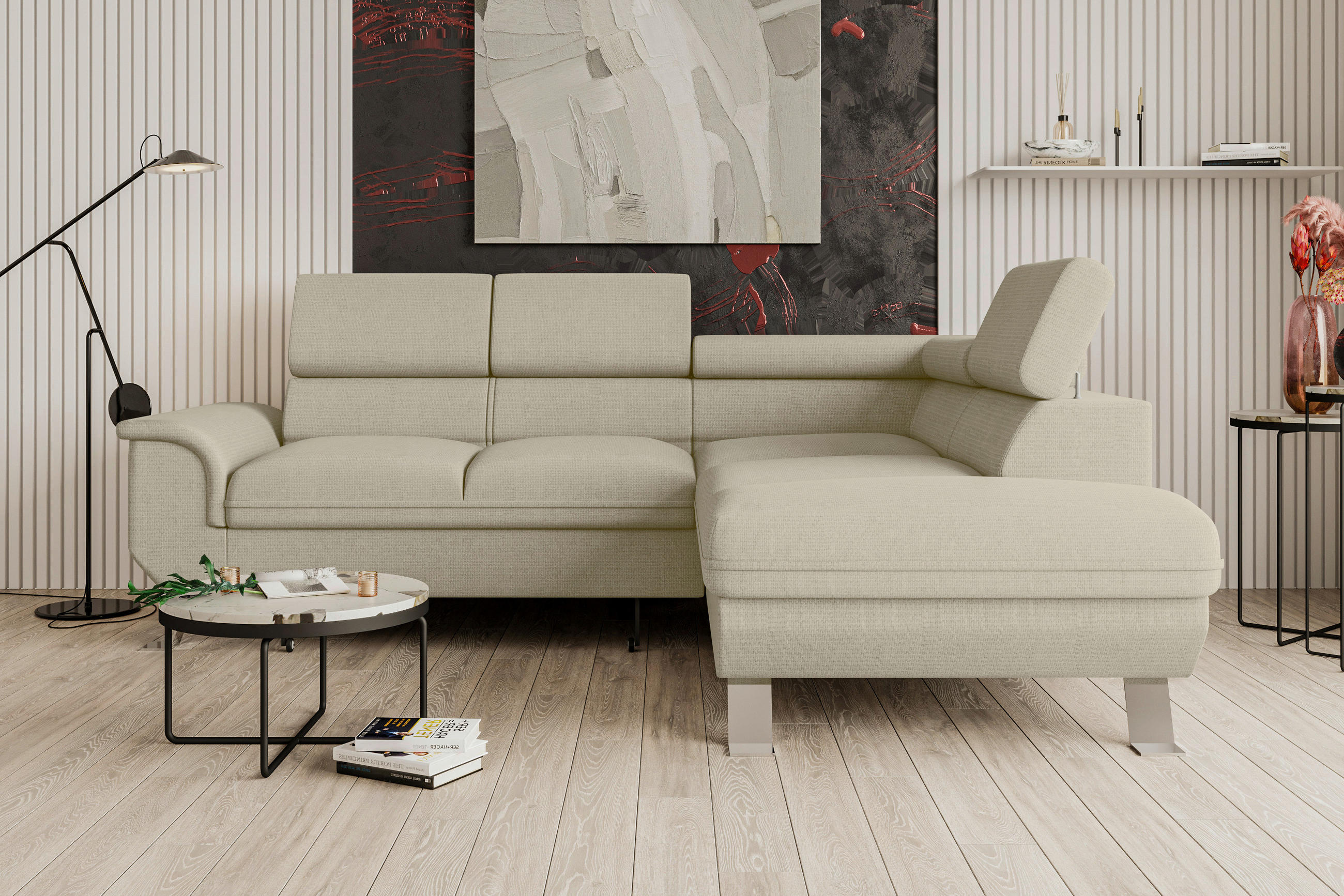 ECKSOFA in Struktur Creme  - Silberfarben/Creme, KONVENTIONELL, Textil/Metall (268/207cm) - Carryhome