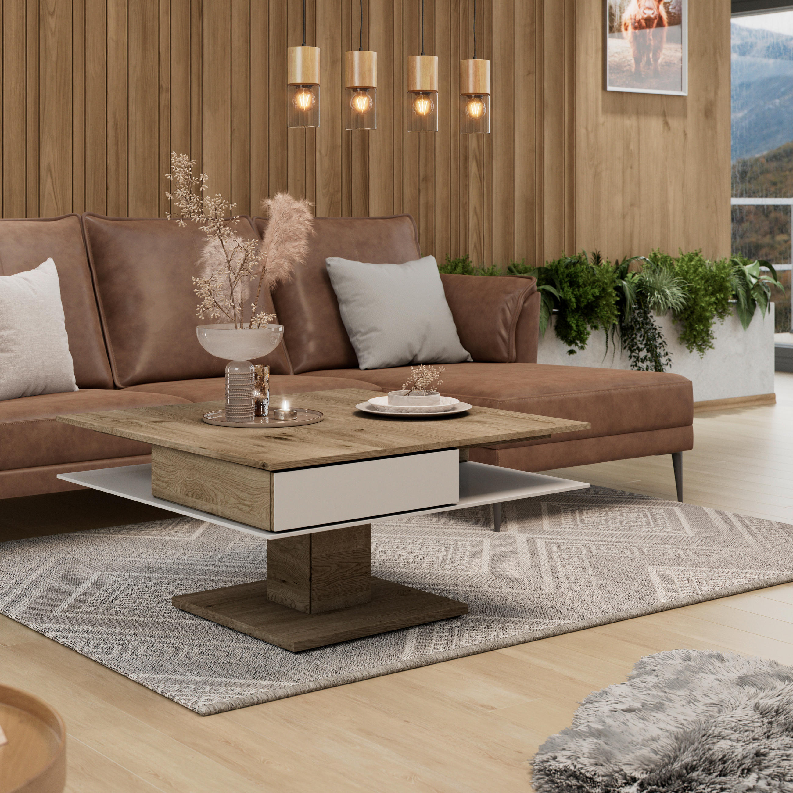 COUCHTISCH Altholz, Eiche mehrschichtige Massivholzplatte (Tischlerplatte) Farbglas 90/90/46 cm quadratisch Weiß, Eichefarben  - Eichefarben/Weiß, Design, Glas/Holz (90/90/46cm) - Voglauer