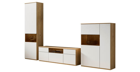 WOHNWAND  in Weiß, Eichefarben  330/215/45 cm  - Eichefarben/Schwarz, KONVENTIONELL, Glas/Holzwerkstoff (330/215/45cm) - Venda