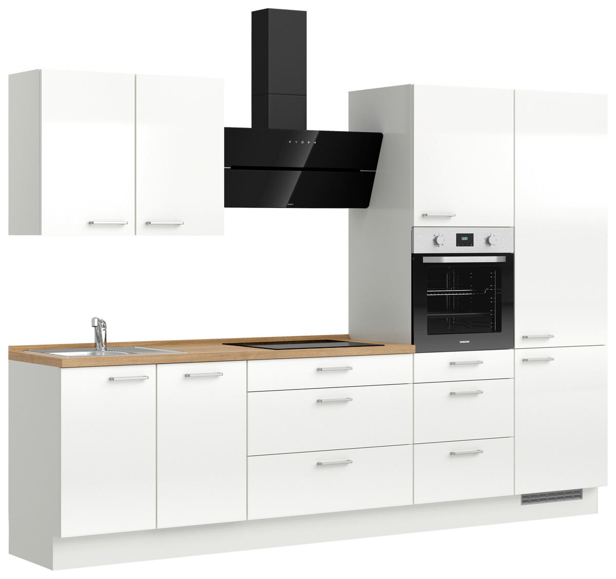KÜCHENLEERBLOCK 300 cm   in Eichefarben, Weiß Hochglanz  - Edelstahlfarben/Eichefarben, MODERN, Holzwerkstoff/Metall (300cm) - Nobilia