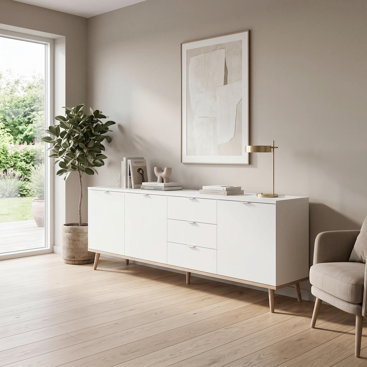 SIDEBOARD  200/68/40 cm 3 låda(or)  - vit/Sonoma ek, Klassisk, metall/trämaterial (200/68/40cm) - MID.YOU