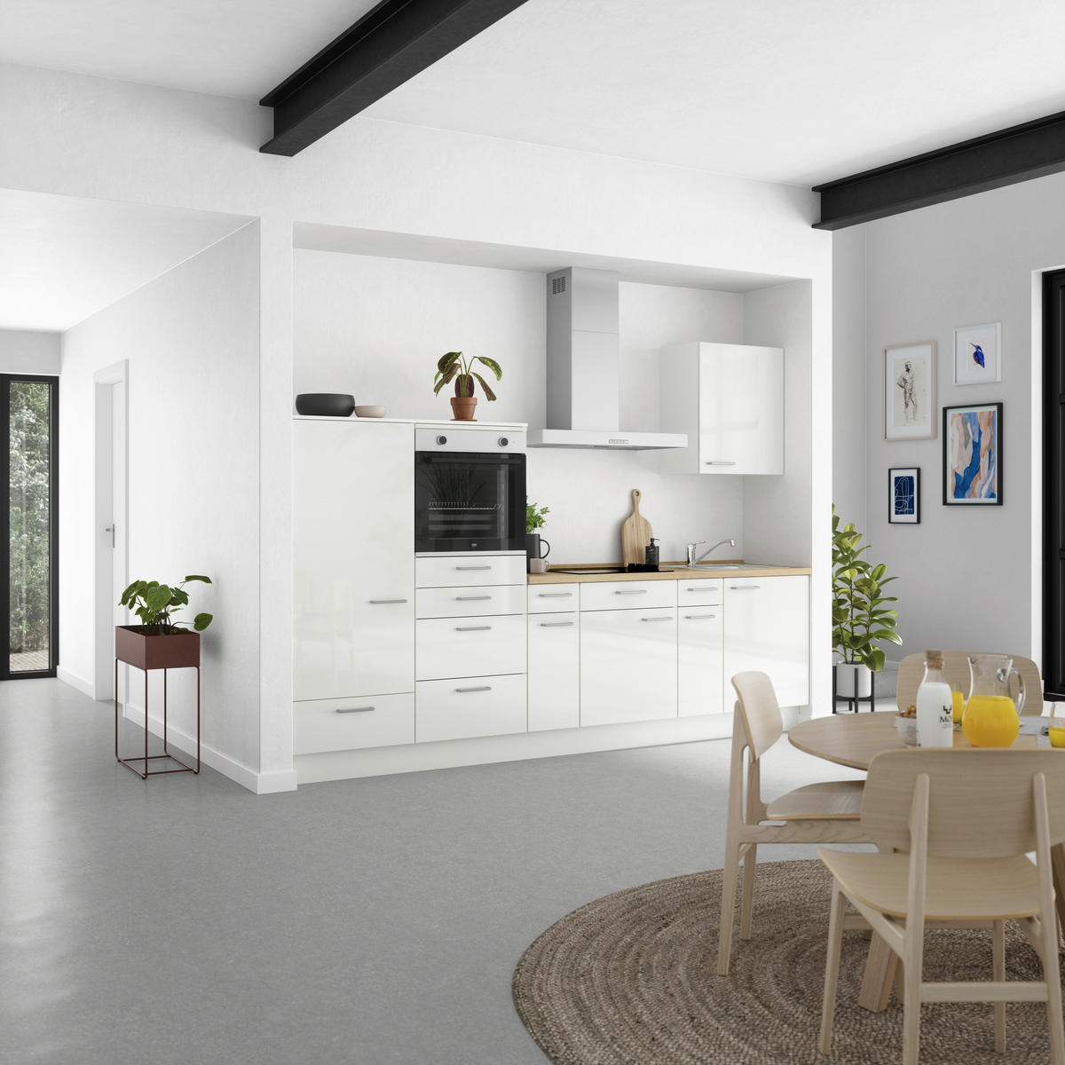 KÜCHENLEERBLOCK 300 cm   in Eichefarben, Weiß Hochglanz  - Edelstahlfarben/Eichefarben, MODERN, Holzwerkstoff/Metall (300cm) - Nobilia