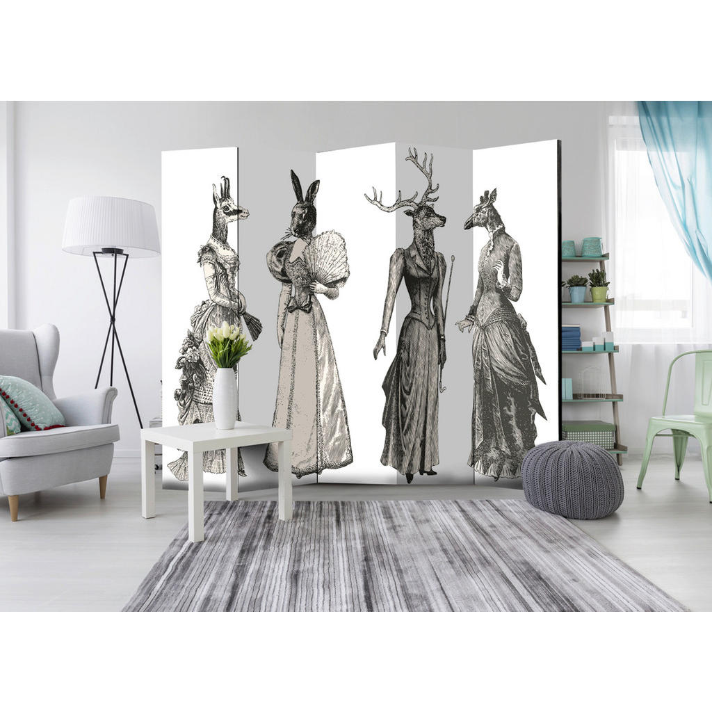Thumbnail - artgeist Paravent, Grau, Weiß, Holz, Kunststoff, Textil, Kiefer, massiv, Tier, 225x172x3 cm, Motiv auf Vorder- und Rücks...