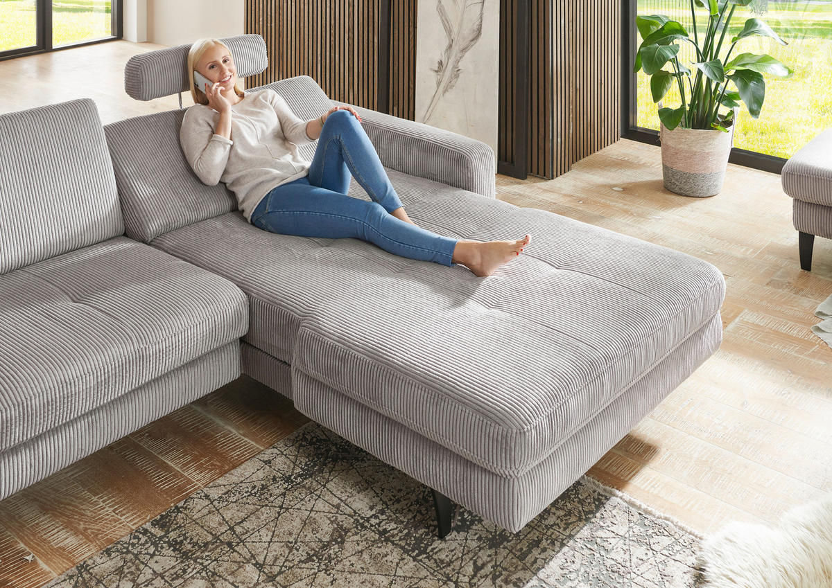 ECKSOFA in Cord Hellgrau  - Hellgrau/Schwarz, Modern, Textil/Metall (302/177cm) - Beldomo Style