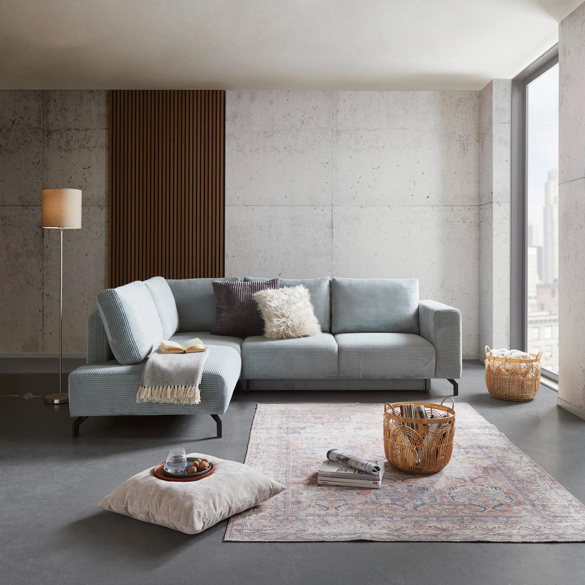 ECKSOFA Graugrün Cord  - Schwarz/Graugrün, MODERN, Textil/Metall (210/272cm) - P & B