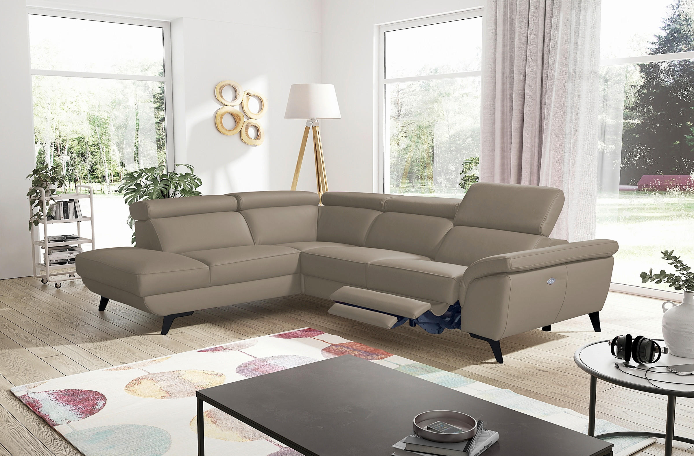 ECKSOFA DALLAS in Echtleder Taupe  228/283 cm  - Taupe/Schwarz, Design, Leder/Metall (228/283cm) - Livetastic