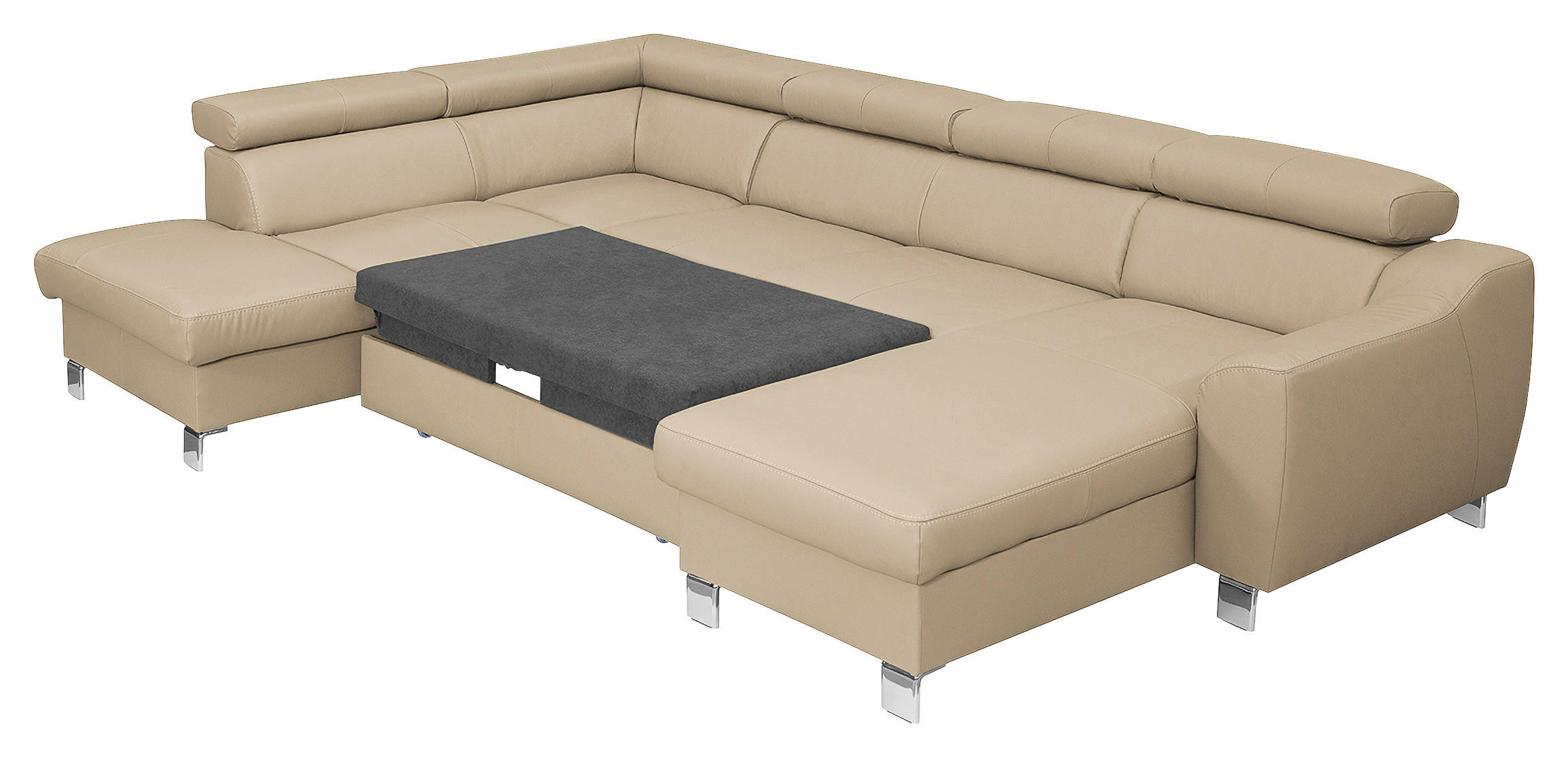 WOHNLANDSCHAFT in Lederlook Echtleder Beige  - Chromfarben/Beige, Design, Leder/Textil (208/315/175cm) - Livetastic