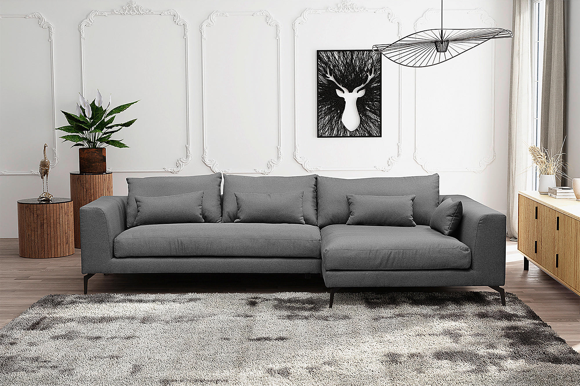 ECKSOFA Dunkelgrau Flachgewebe  - Dunkelgrau/Schwarz, Design, Textil/Metall (313/172cm) - Livetastic