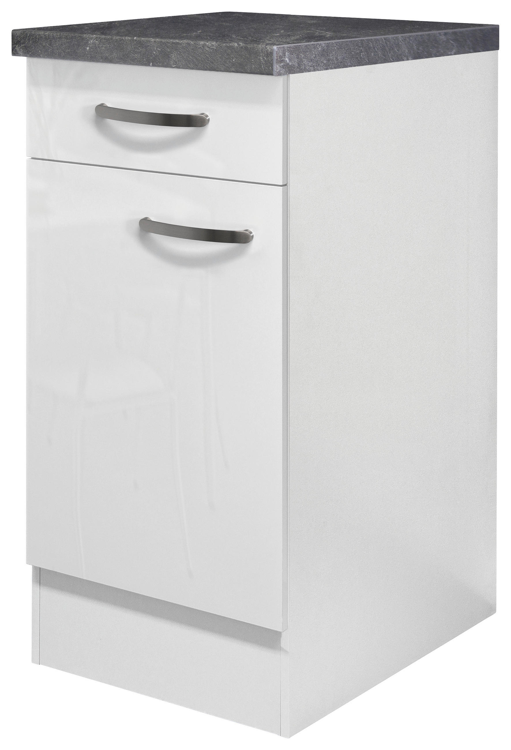 KÜCHENUNTERSCHRANK 40/86/60 cm in Weiß, Weiß Hochglanz - Schieferfarben/Edelstahlfarben, MODERN, Holzwerkstoff/Metall (40/86/60cm) - FlexWell