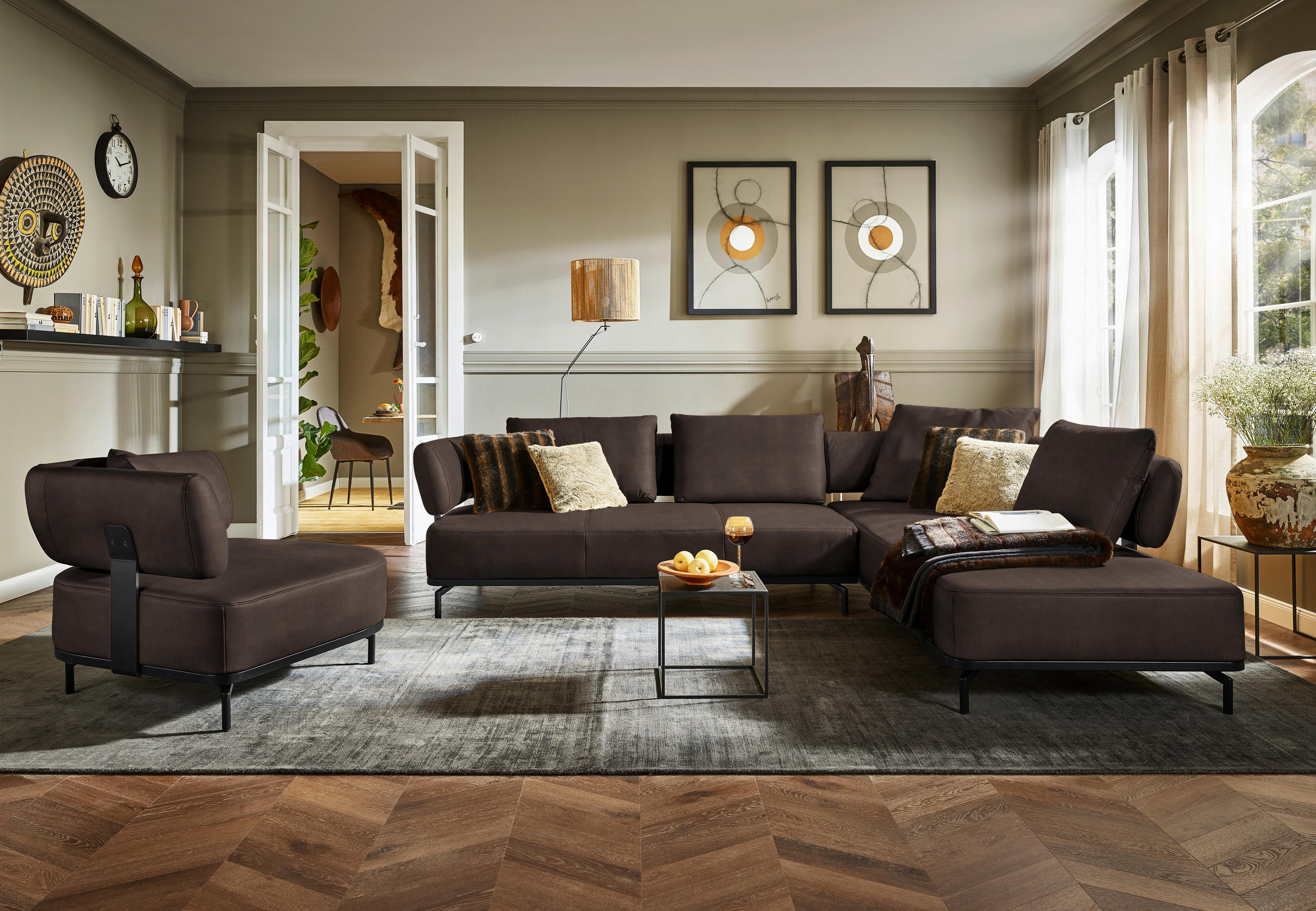 ECKSOFA in Echtleder Dunkelbraun  - Dunkelbraun/Schwarz, Design, Leder/Metall (302/237cm) - Dieter Knoll
