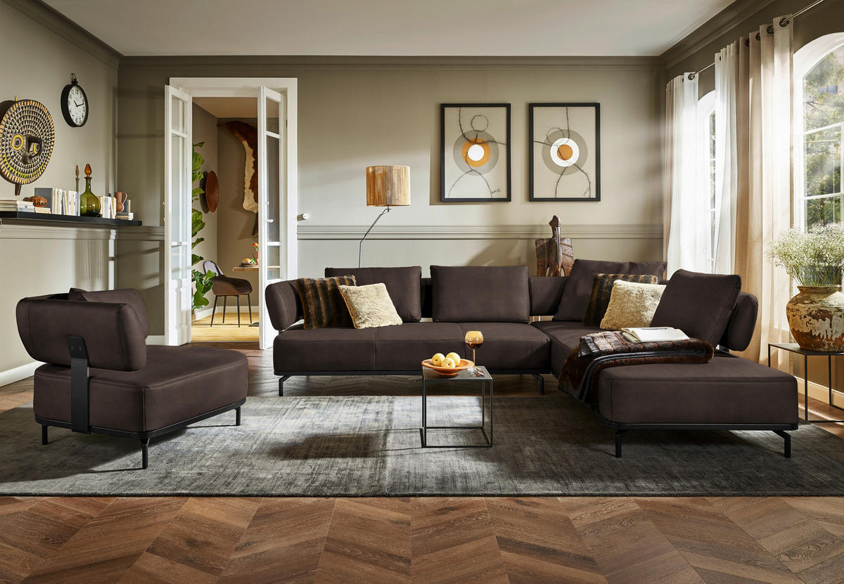 ECKSOFA in Echtleder Dunkelbraun  - Dunkelbraun/Schwarz, Design, Leder/Metall (302/237cm) - Dieter Knoll