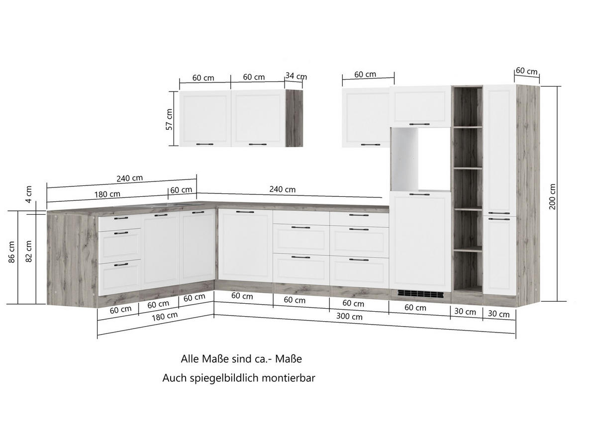 ECKKÜCHE 240/360 cm  in Grau, Eiche Wotan  - Eiche Wotan/Schwarz, Lifestyle, Holzwerkstoff/Metall (240/360cm) - Held