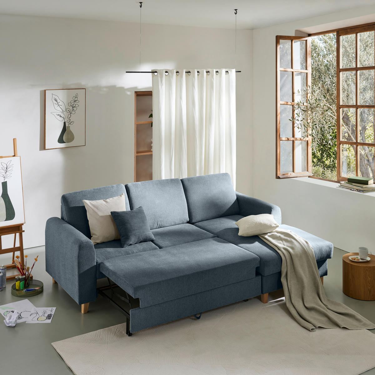 ECKSOFA Blau Flachgewebe  - Blau/Buchefarben, KONVENTIONELL, Holz/Textil (241/166cm) - Carryhome