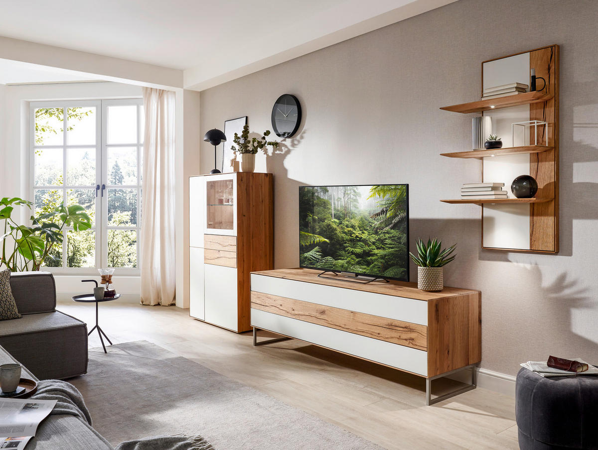 WOHNWAND Solida  in Weiß, Eichefarben  341/205,5/54,2 cm  - Eichefarben/Weiß, Design, Glas/Holz (341/205,5/54,2cm) - Valnatura