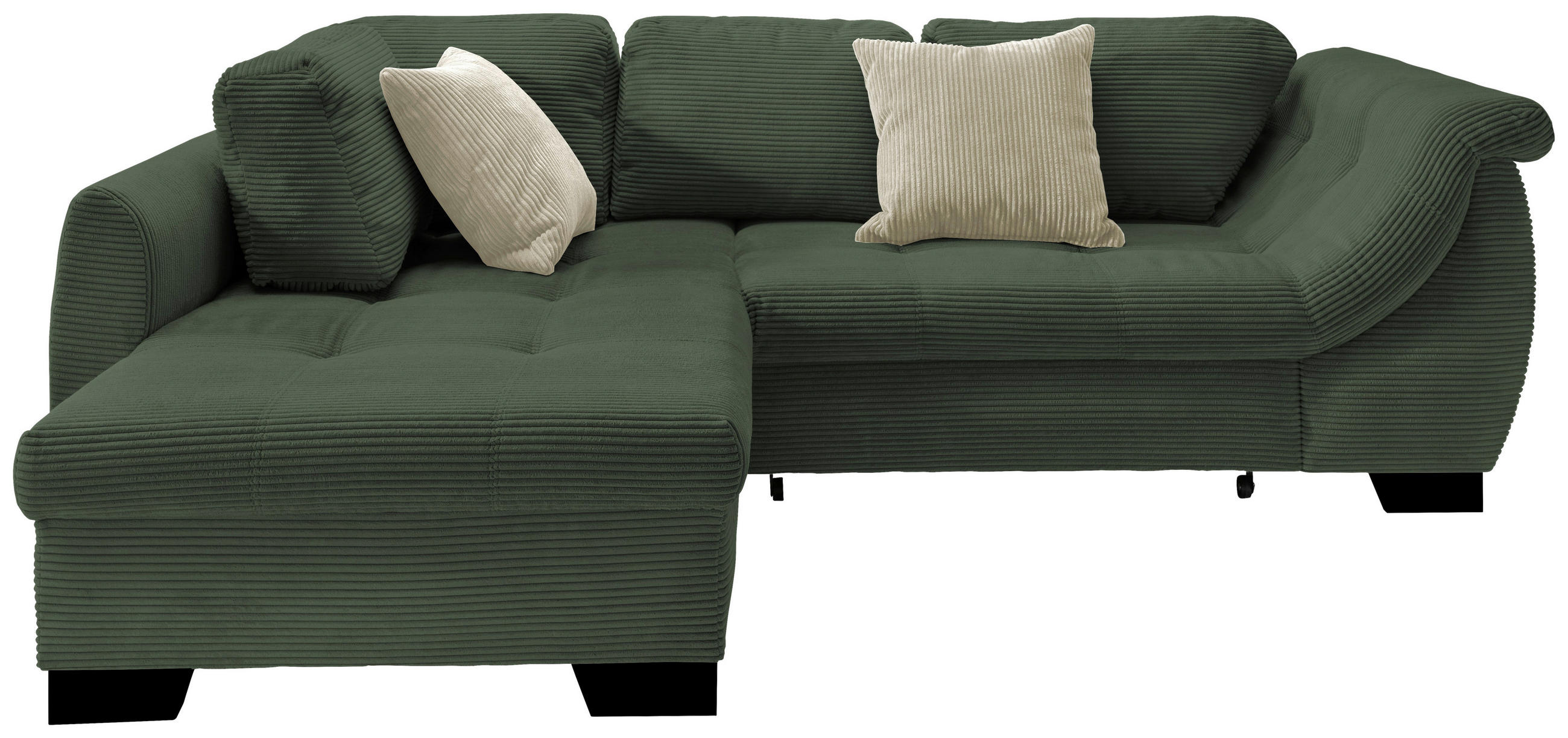 ECKSOFA  in Cord Grün Zierkissen, Schlaffunktion, Rücken echt, Liegefläche im Originalstoff  190/250 cm  - Beige/Schwarz, Design, Holz/Textil (190/250cm) - MID.YOU