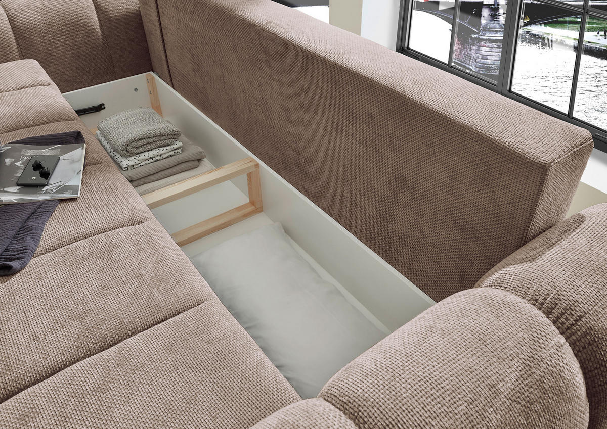SCHLAFSOFA BUBBLE Webstoff Taupe  inkl. Zierkissen, Nierenkissen, Bettkasten, Liegefläche im Originalstoff  - Taupe/Schwarz, Design, Kunststoff/Textil (256/76/112cm) - MID.YOU