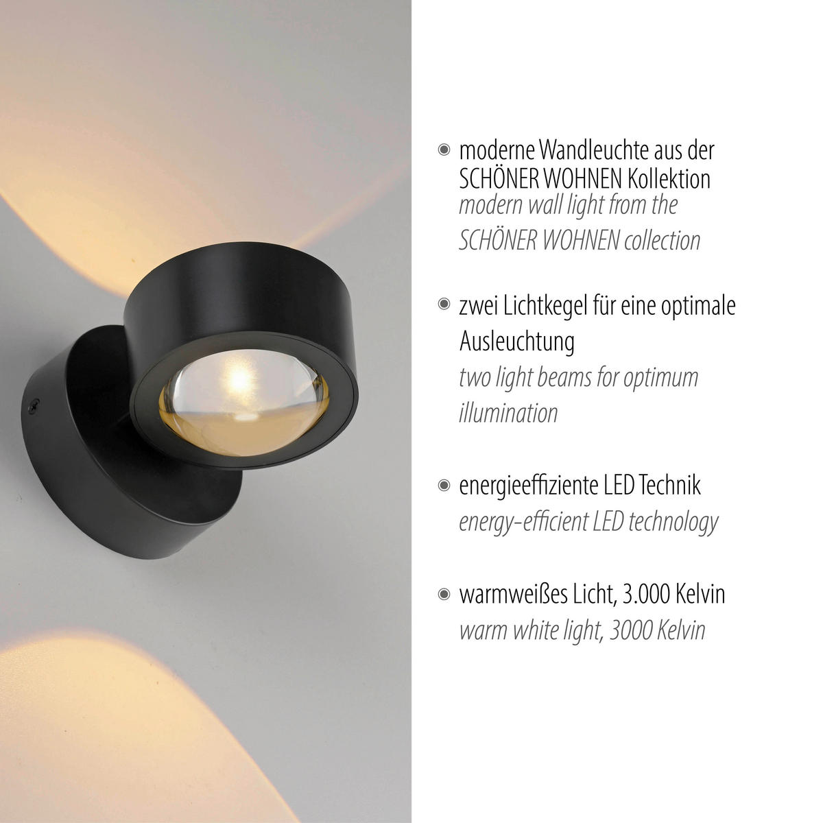 LED-WANDLEUCHTE SW CHIA 12,4/9/9 cm   - Schwarz, Design, Kunststoff/Metall (12,4/9/9cm) - Schöner Wohnen