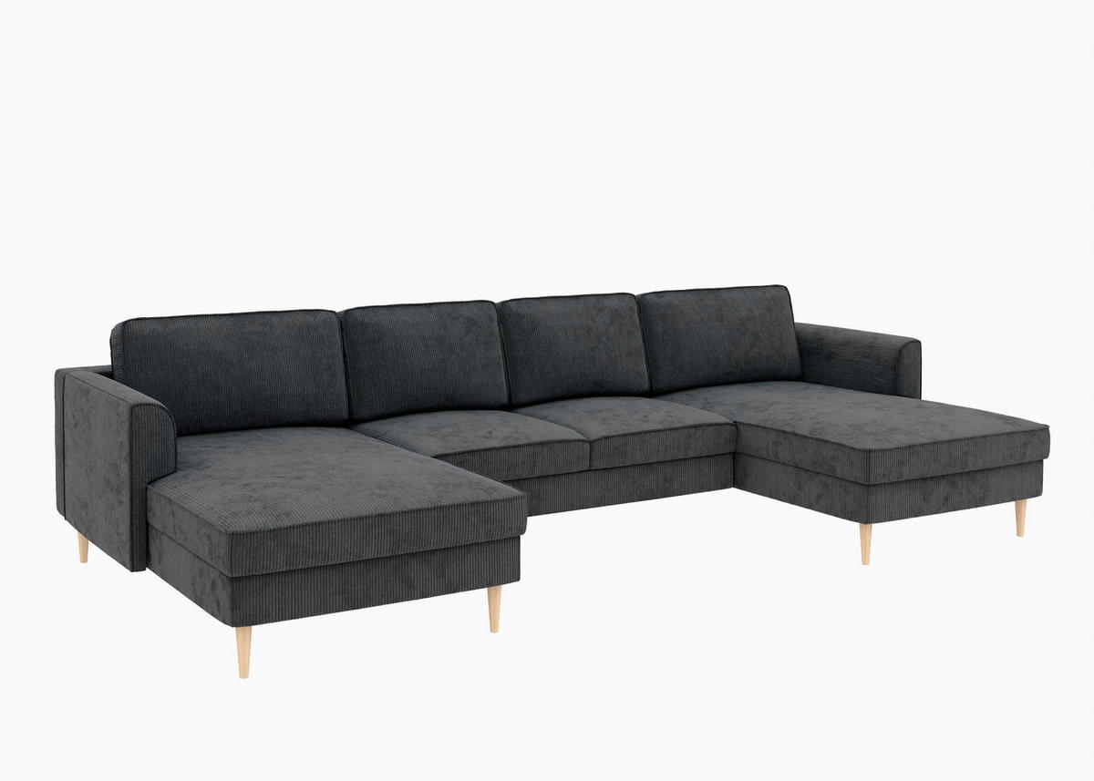 WOHNLANDSCHAFT Dunkelgrau Cord  - Dunkelgrau/Buchefarben, MODERN, Holz/Textil (161/306/161cm) - Trendmanufaktur