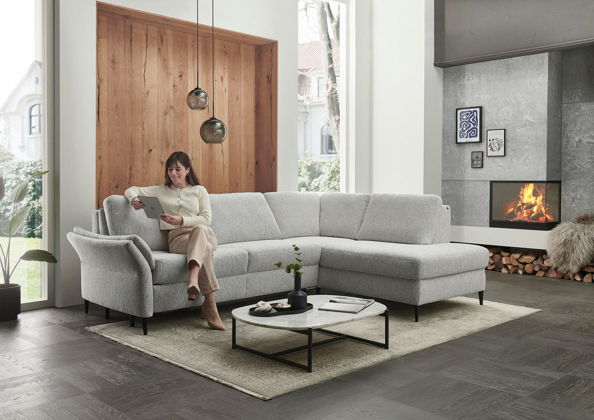 ECKSOFA Webstoff Ecru  - Ecru/Schwarz, Konventionell, Textil/Metall (277/201cm) - Dieter Knoll