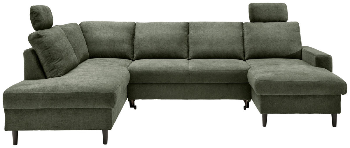 WOHNLANDSCHAFT in Chenille Dunkelgrün  - Dunkelgrün/Schwarz, Modern, Holz/Textil (200/305/153cm) - Livetastic