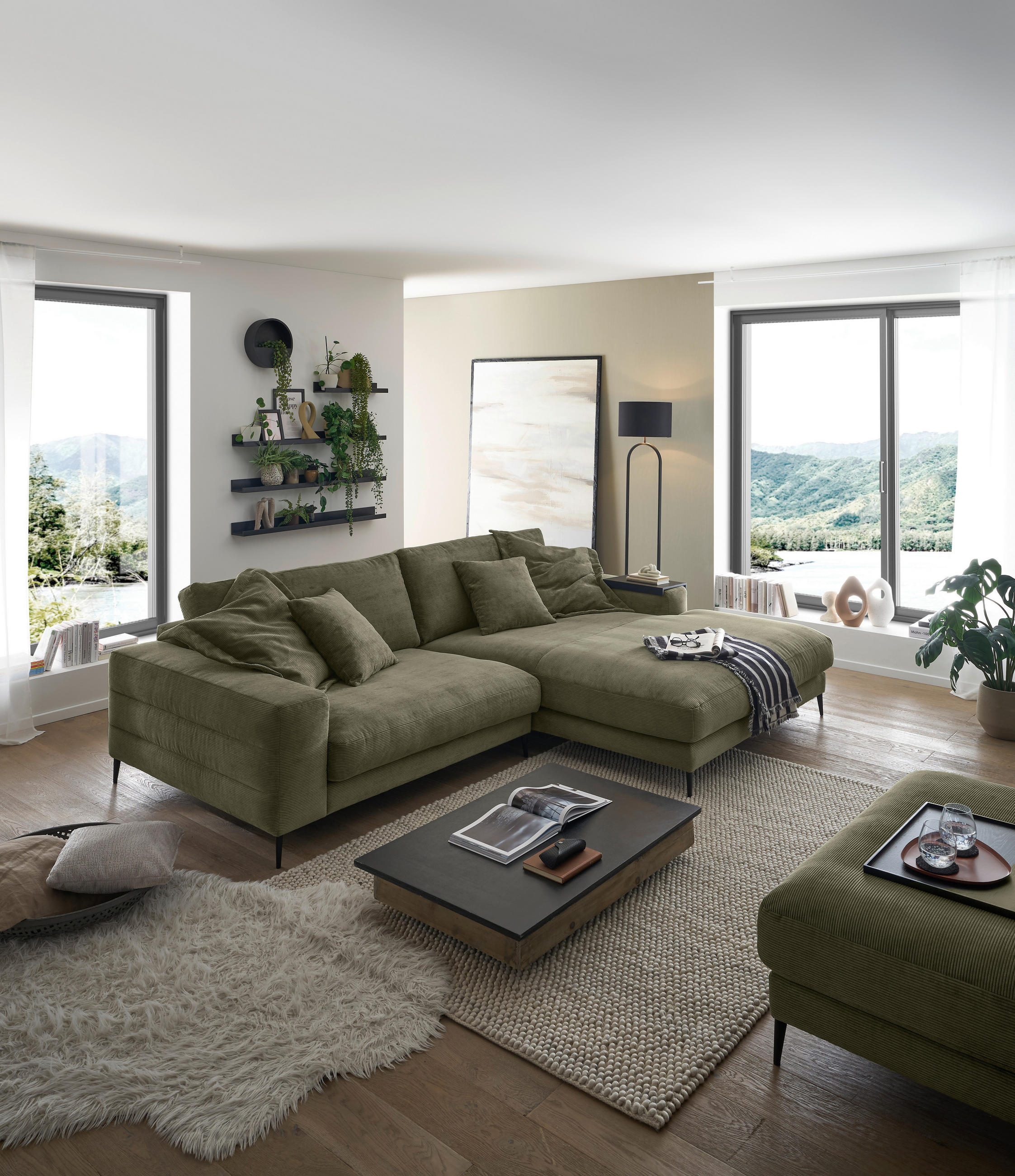 Thumbnail - Dieter Knoll Wohnlandschaft Badia Base, Dunkelgrün, Textil, 3-Sitzer, Ottomane rechts, 293x207 cm, Typenauswahl, Fußausw...