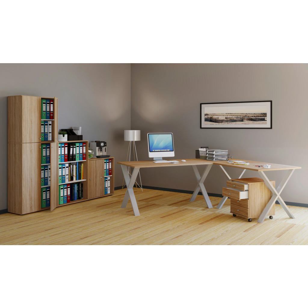 Thumbnail - Mid.you Eckschreibtisch, Silber, Sonoma Eiche, Holzwerkstoff, rechteckig, X-Form, 80x76x190 cm, in verschiedenen Holz-De...
