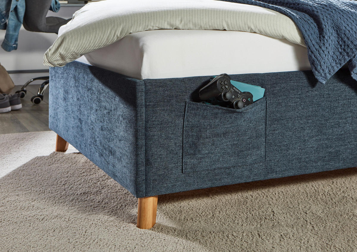 POLSTERBETT 140/200 cm  in Dunkelblau  - Eichefarben/Dunkelblau, KONVENTIONELL, Holz/Textil (140/200cm) - Stylife