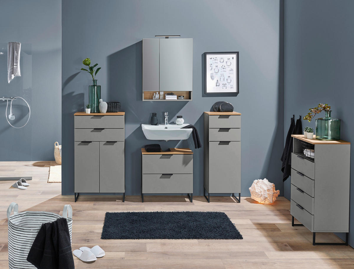 MIDISCHRANK 38/106/32 cm  - Eichefarben/Schwarz, KONVENTIONELL, Holzwerkstoff/Metall (38/106/32cm) - home24