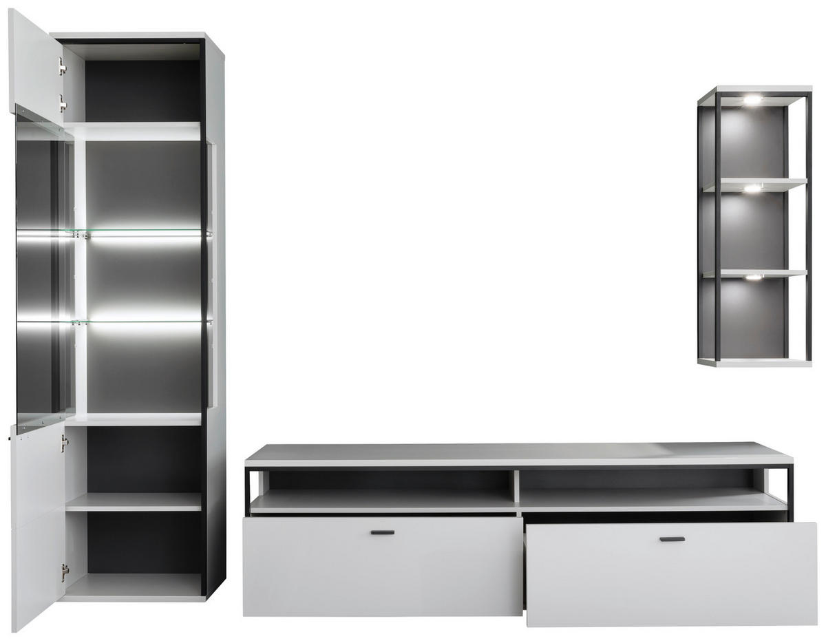 WOHNWAND  in Schwarz, Weiss 265/199/51 cm  - Weiss/Schwarz, Design, Glas/Holzwerkstoff (265/199/51cm) - Stylife
