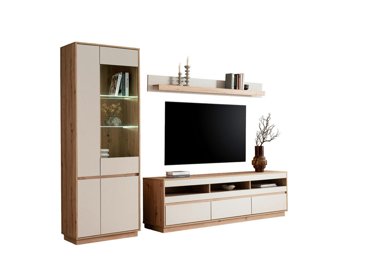WOHNWAND 3-teilig  in Eiche Artisan  292/205/40 cm  - Kaschmir/Eiche Artisan, Design, Glas/Holzwerkstoff (292/205/40cm) - MID.YOU