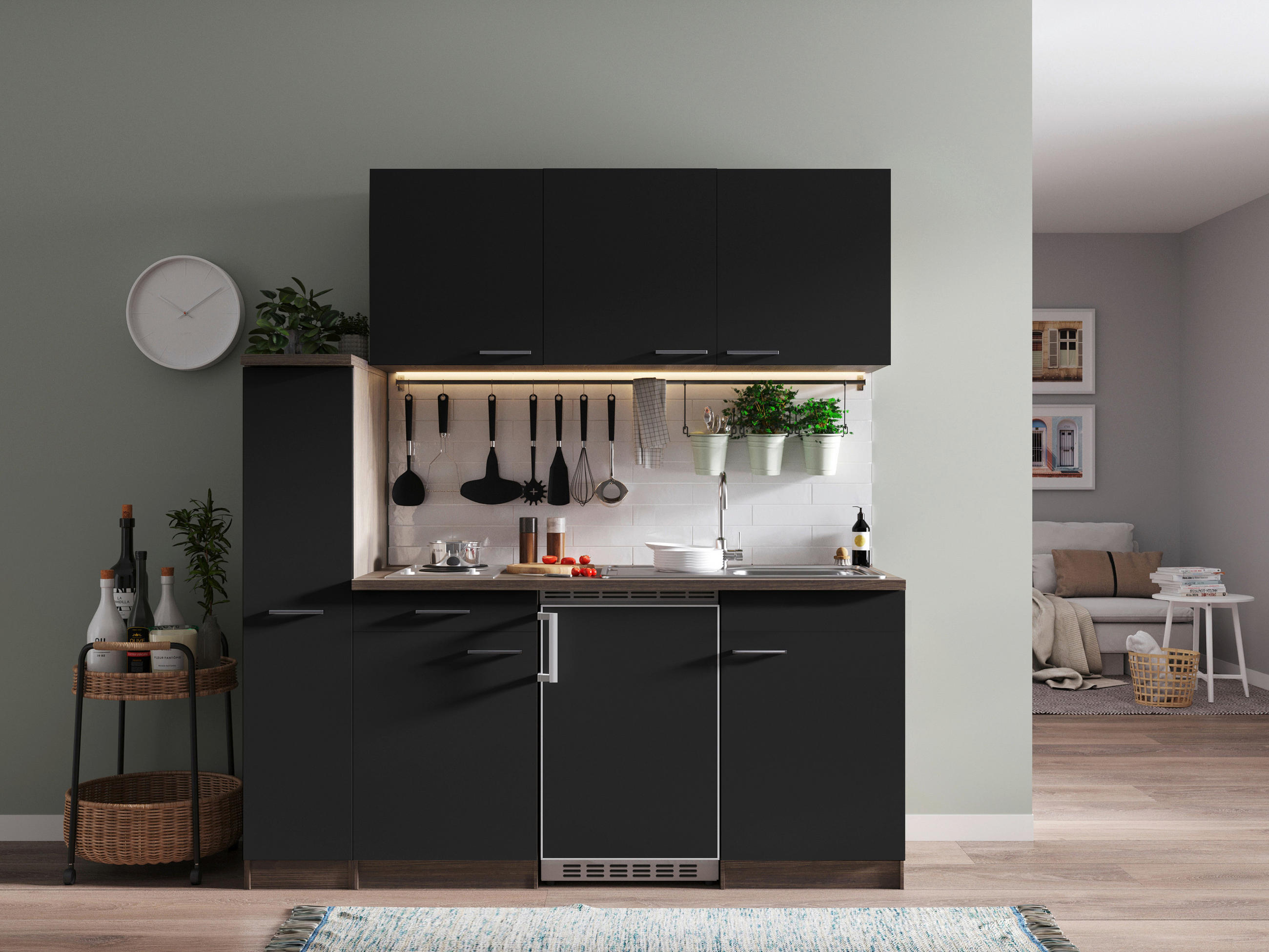 MINIKÜCHE 180 cm   in Schwarz  - Eichefarben/Alufarben, Basics, Holzwerkstoff/Kunststoff (180cm) - Respekta
