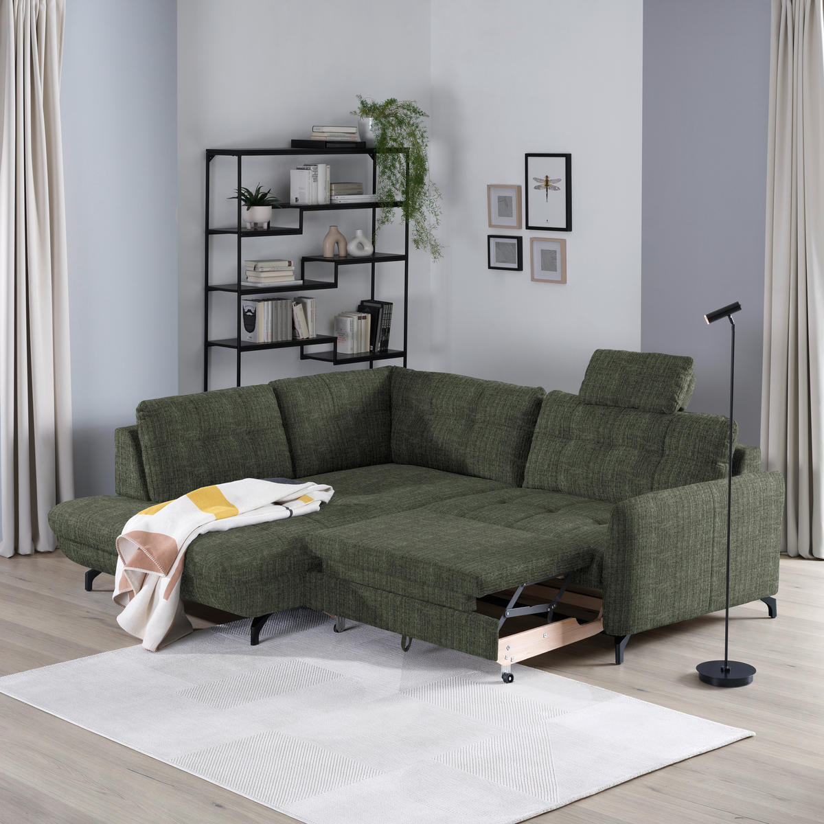 ECKSOFA in Flachgewebe, Leinenoptik Grün  208/247 cm  - Schwarz/Grün, Design, Textil/Metall (208/247cm) - Xora