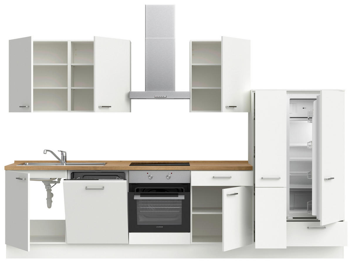 KÜCHENLEERBLOCK 330 cm   in Weiß, Eichefarben  - Edelstahlfarben/Eichefarben, MODERN, Holzwerkstoff/Metall (330cm) - Nobilia