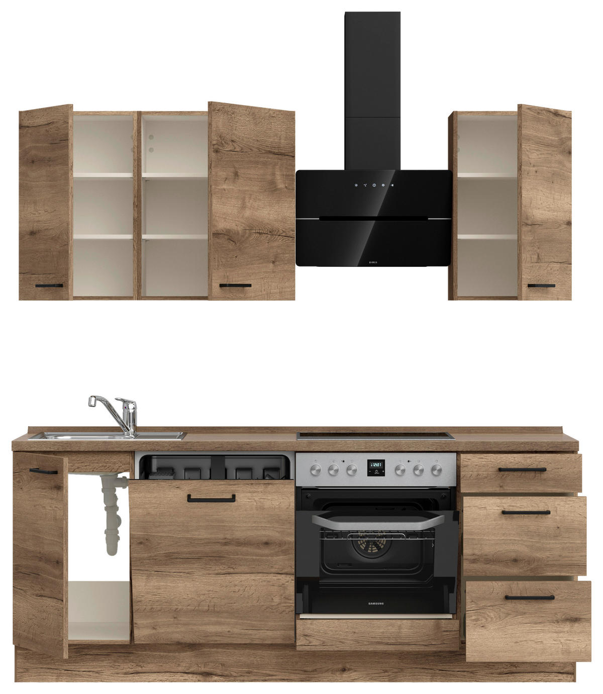 BUCĂTĂRIE FĂRĂ ELECTROCASNICE  - stejar închis la culoare/negru, Modern, metal/material pe bază de lemn (210cm) - Nobilia