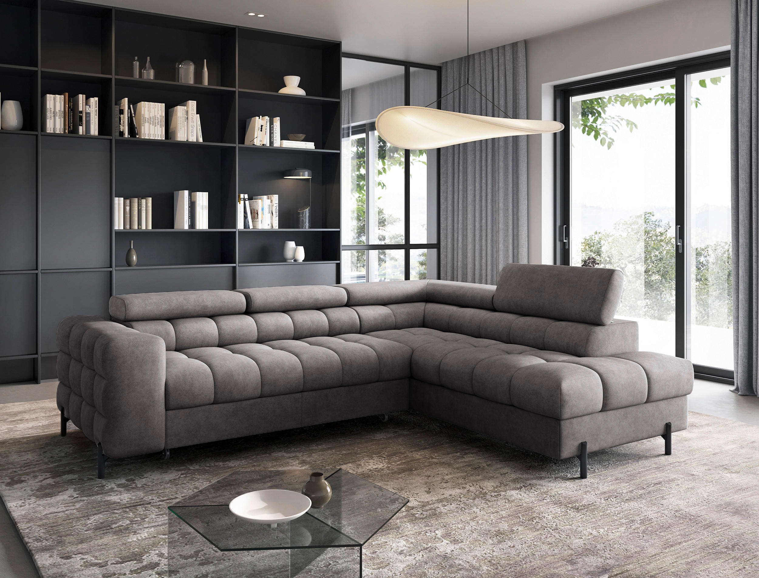 ECKSOFA FERUCCE Grau Chenille Bettkasten, Kopfteilverstellung  - Schwarz/Grau, Design, Textil/Metall (276/200cm) - MID.YOU