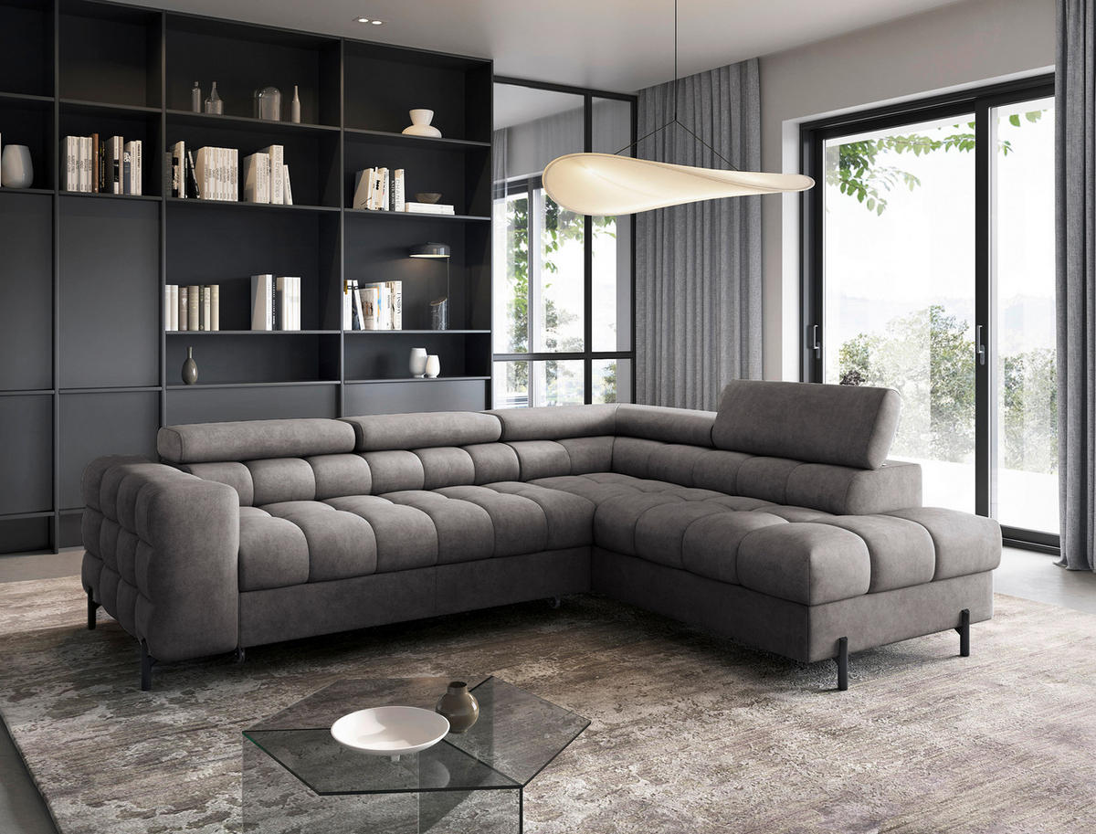ECKSOFA FERUCCE Grau Chenille Bettkasten, Kopfteilverstellung  - Schwarz/Grau, Design, Textil/Metall (276/200cm) - MID.YOU