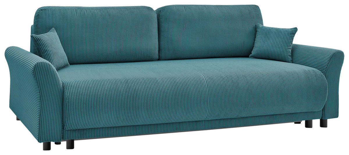 SCHLAFSOFA Malta Cord Hellblau  inkl. Zierkissen, Rückenkissen, Bettkasten, Schlaffunktion, Rücken echt  - Schwarz/Hellblau, Design, Textil (244/88/100cm) - P & B
