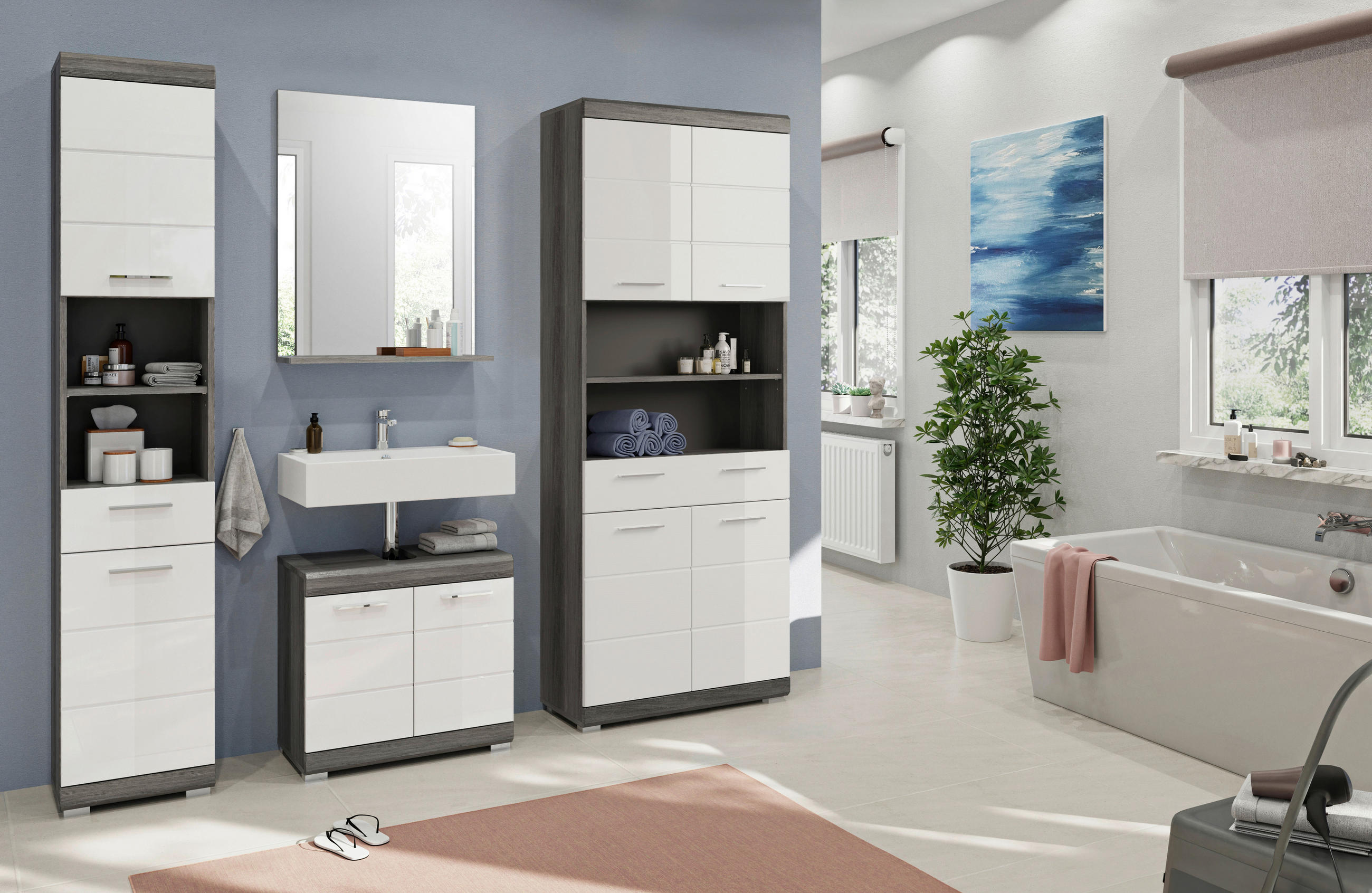 BADEZIMMER 4-teilig  in 160 cm  - Weiß Hochglanz/Grau, MODERN, Holzwerkstoff/Kunststoff (160cm) - MID.YOU