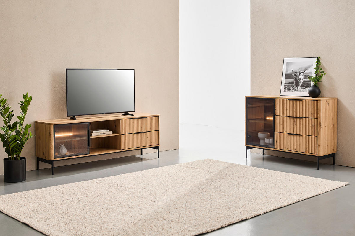 LOWBOARD  in 157/57/40 cm  - Schwarz/Eiche Artisan, Design, Glas/Holzwerkstoff (157/57/40cm) - MID.YOU