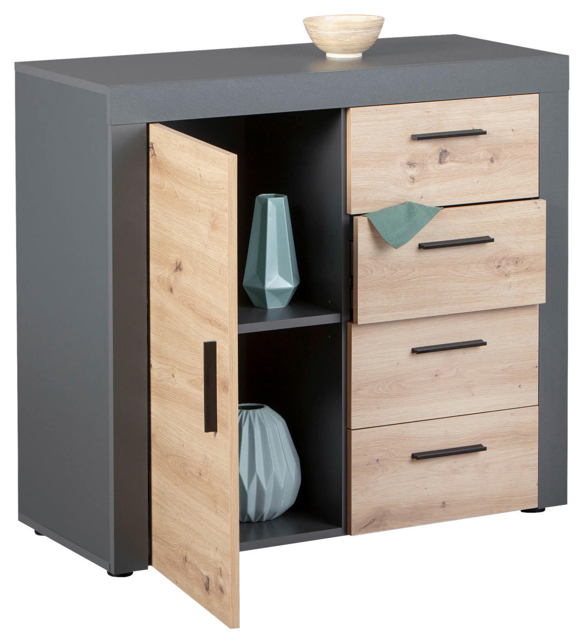 KOMODA, antracitová, dub artisan, 94/86/40 cm - černá/antracitová, Konvenční, kompozitní dřevo/plast (94/86/40cm) - MID.YOU