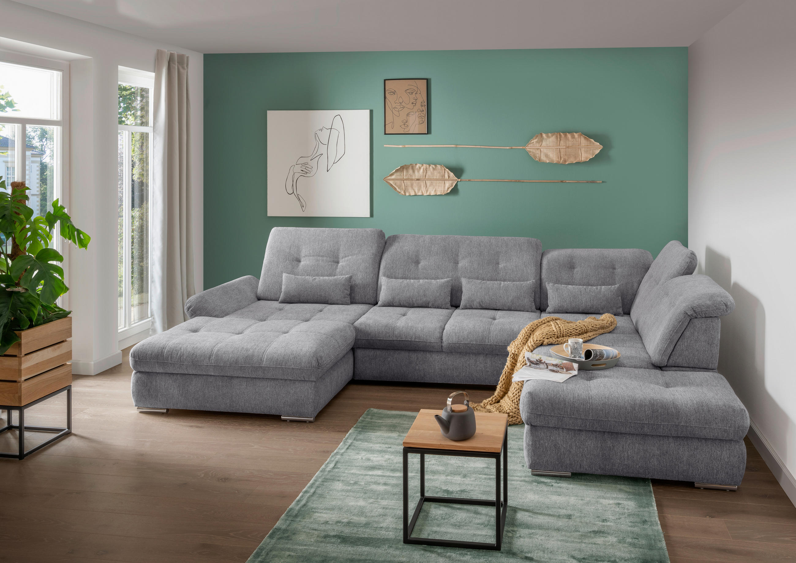 WOHNLANDSCHAFT in Chenille Dunkelgrau  - Chromfarben/Dunkelgrau, Design, Textil/Metall (195/376/254cm) - Livetastic