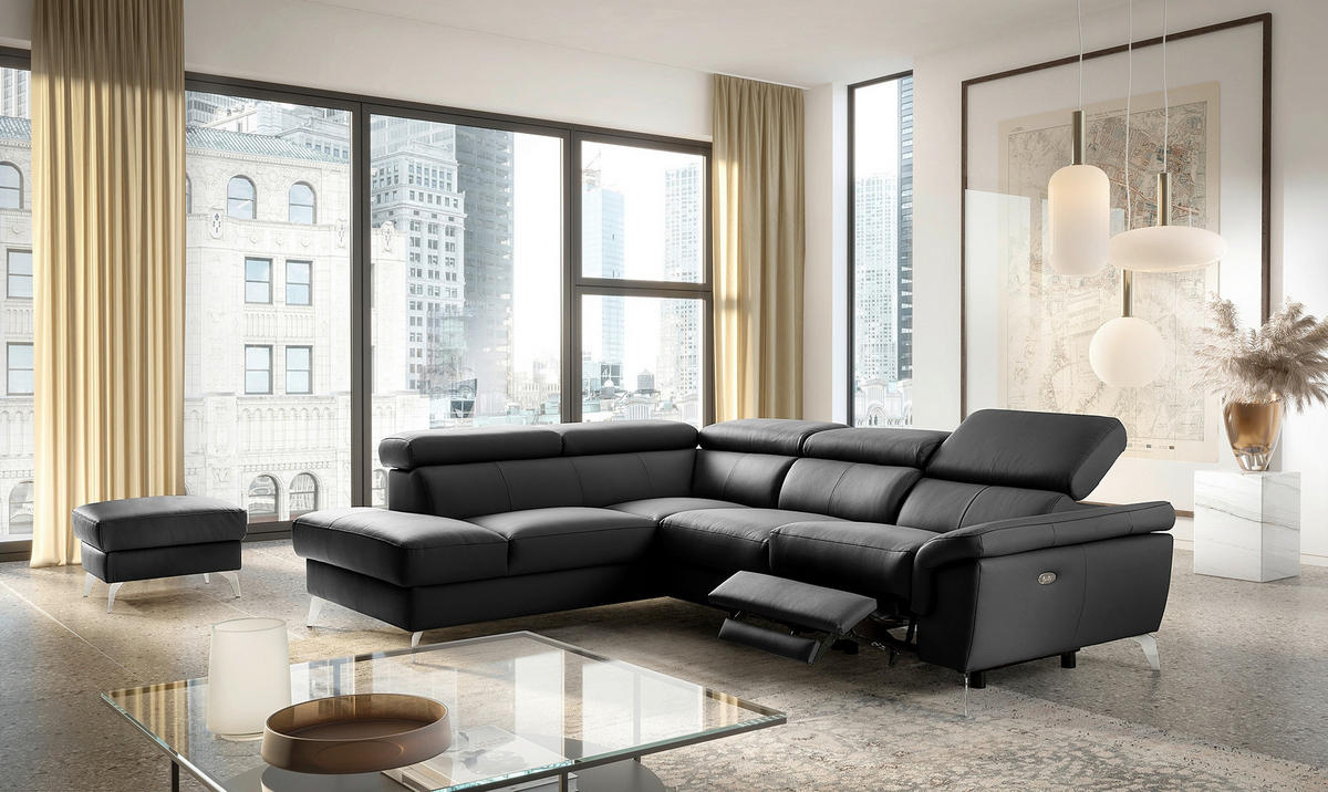ECKSOFA SONO Schwarz Echtleder Lederlook Bettkasten, Armteilverstellung, Kopfteilverstellung  - Chromfarben/Schwarz, Design, Leder/Textil (210/265cm) - Livetastic