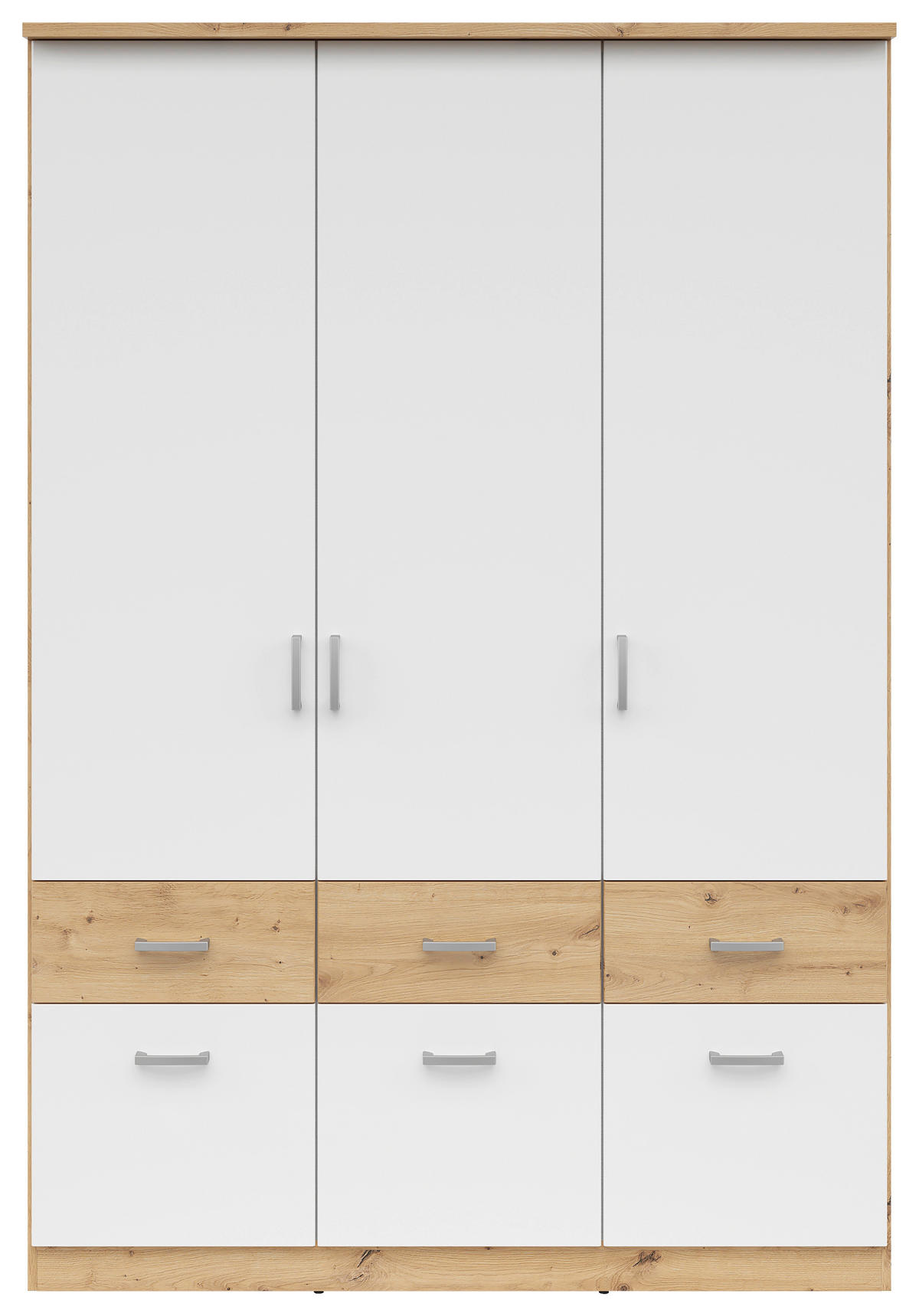 KLEIDERSCHRANK 136/199/58 cm 3-türig Weiß, Eiche Artisan  - Silberfarben/Weiß, KONVENTIONELL, Holzwerkstoff/Kunststoff (136/199/58cm)