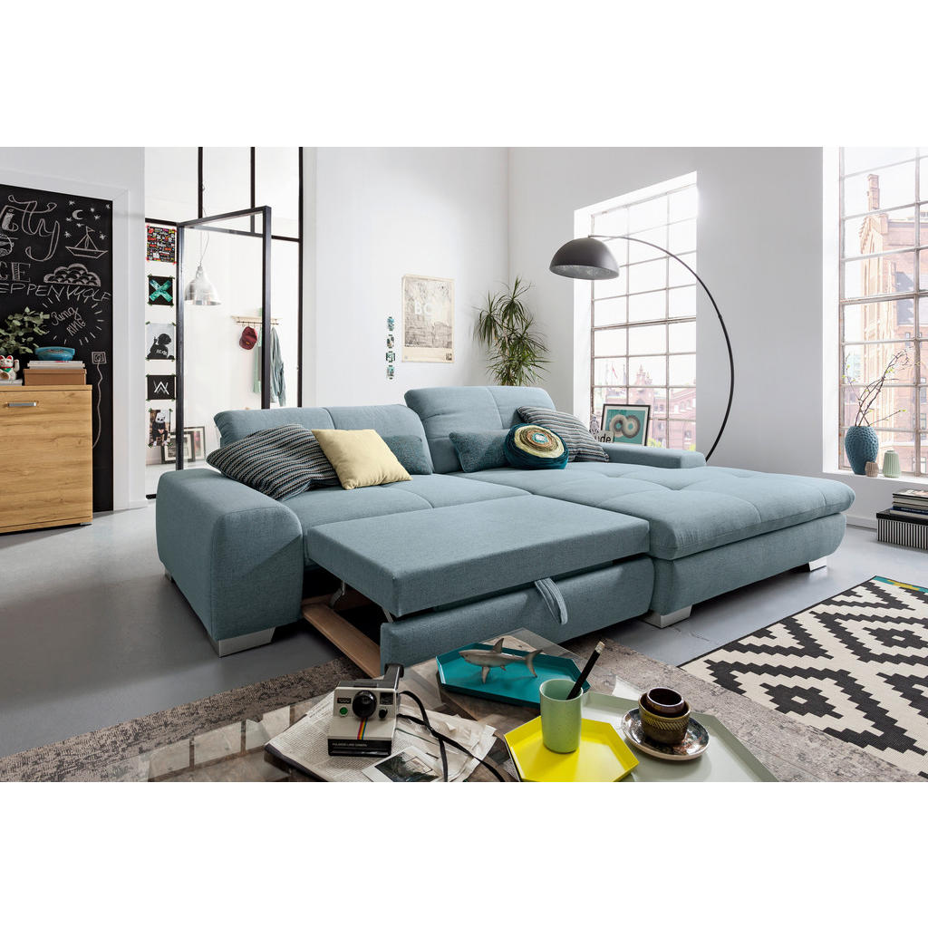 Thumbnail - SetOne by Musterring Ecksofa, Hellblau, Textil, 2-Sitzer, L-Form, Ottomane rechts, 276x198 cm, Bettkasten erhältlich, Fu...