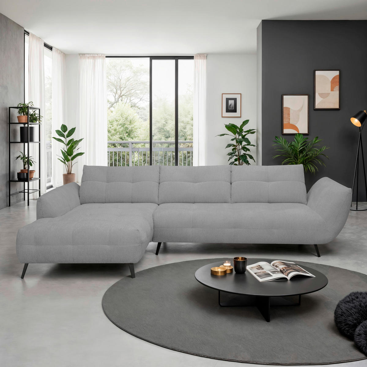 ECKSOFA Grau Chenille Armlehnenkissen, Rücken echt, Sitztiefenverstellung  - Schwarz/Grau, KONVENTIONELL, Textil/Metall (215/313cm) - Hom`in