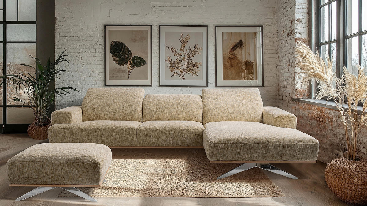 ECKSOFA PORTLAND in Struktur Hellbraun Kopfteilverstellung  295/187 cm  - Chromfarben/Hellbraun, Design, Holz/Textil (295/187cm) - Livetastic